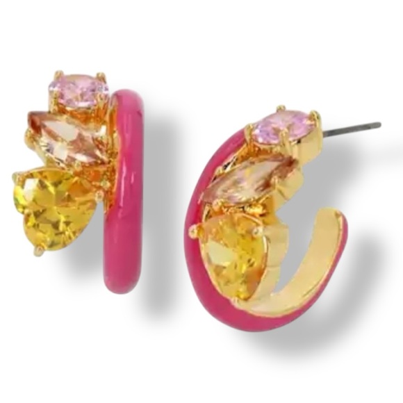 Kurt Geiger 🪢 NWT Fuchsia CZ & Enamel Hoop Earrings Pink and Gold - Picture 1 of 4